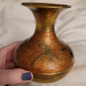 Brass Cloissonne Vase With Dragonfly and Floral Details